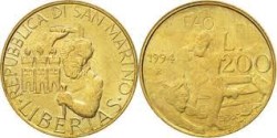 San Marino, 1994, 200 Lire, KM #313, Life and Legend of Holy Marinus of Dalmatia – FAO, Fine Condition.