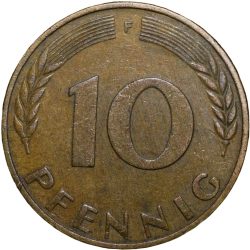 Alternative view of Brass 10 Pfennig of Germany (AD 1950) with Oak Sapling