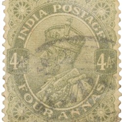 Postal Stamp of George V 4 Annas Olive Green Colour - Used Condition as per Image.