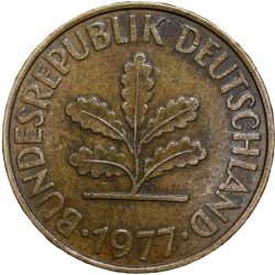 Brass 10 Pfennig of Germany (AD 1977) with Oak Sapling
