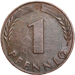 Alternative view of Bronze 1 Pfennig of Germany (AD 1950) with Oak Sapling