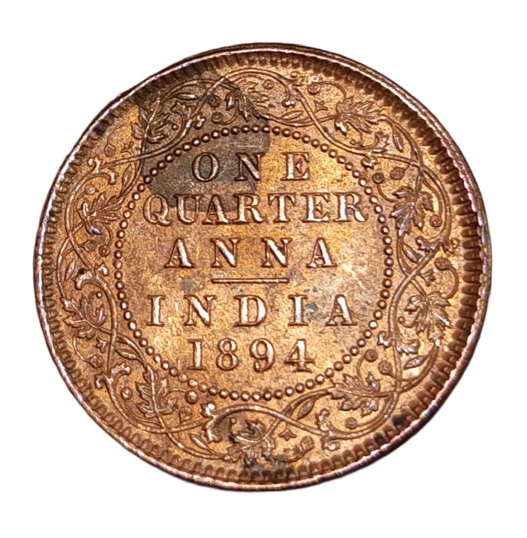 British India Copper ONE QUARTER ANNA Year 1894 VICTORIA EMPRESS **SCARE** High AUNC Grade.