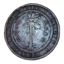 CEYLON Copper FIVE CENTS Year 1870 QUEEN VICTORIA "Big Size" **V. RARE** Collectable Grade.