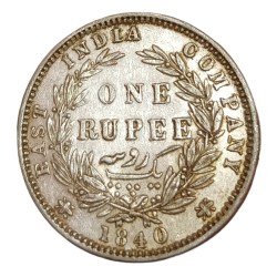 British India Silver Rupee "EAST INDIA COMPANY" Year 1840 Queen DIVIDED LEGEND **SCARE** High RAW Grade.