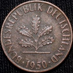 Bronze 1 Pfennig of Germany (AD 1950) with Oak Sapling
