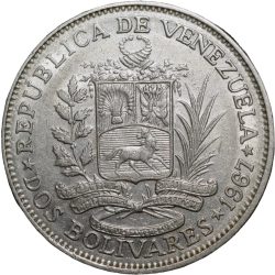 Large Nickel 2 Bolivares of Venezuela Country (AD 1967) with Coat of arms