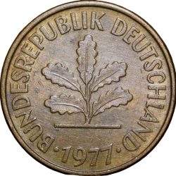 Brass 5 Pfennig of Germany (AD 1977) with Oak Sapling