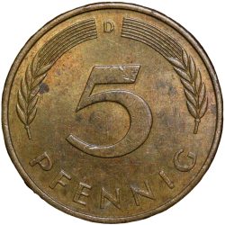 Alternative view of Brass 5 Pfennig of Germany (AD 1977) with Oak Sapling