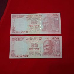 20 RUPEE TWO NOTE SET UNC CONDITION SAME DOUBLIE NO. SAME SERIAL NO. 782782