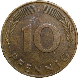 Alternative view of Brass 10 Pfennig of Germany (AD 1977) Beautiful Grade