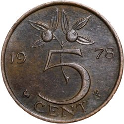 Alternative view of Bronze 5 Cents of Junliana Koningin (AD 1978) from Nederland
