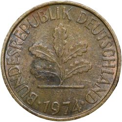 Brass 5 Pfennig of Germany (AD 1974) with Oak Sapling