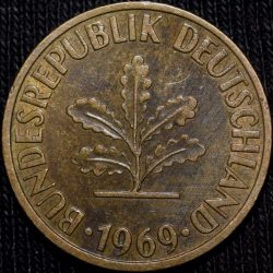 Brass 10 Pfennig of Germany (AD 1969) with Oak Sapling