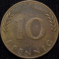 Alternative view of Brass 10 Pfennig of Germany (AD 1969) with Oak Sapling