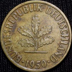 Brass 5 Pfennig of Germany (AD 1950) with Oak Sapling