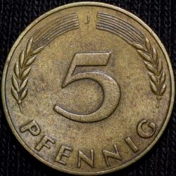Alternative view of Brass 5 Pfennig of Germany (AD 1950) with Oak Sapling