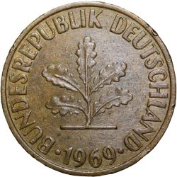 Brass 10 Pfennig of Germany (AD 1969) with Oak Sapling