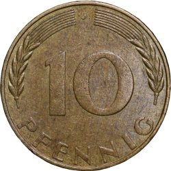 Alternative view of Brass 10 Pfennig of Germany (AD 1969) with Oak Sapling