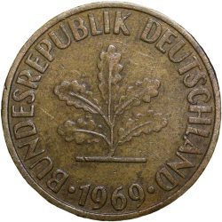 Brass 10 Pfennig of Germany (AD 1969) with Oak Sapling
