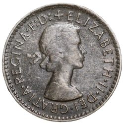 Alternative view of Silver 3 Pence of Elizabeth II (AD 1956) from Australia with Three wheat stalks