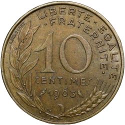 Alternative view of Brass 10 Centimes of France ( AD 1963) with Marianne face left