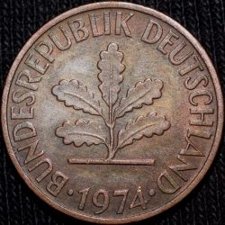 Bronze 2 Pfennig of Germany (AD 1974) with Oak Sapling