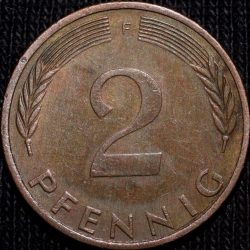 Alternative view of Bronze 2 Pfennig of Germany (AD 1974) with Oak Sapling