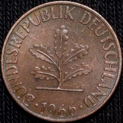 Bronze 1 Pfennig of Germany (AD 1966) with Oak Sapling