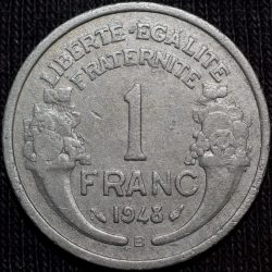 Alternative view of Old Aluminium 1 Franc of France (AD 1948) with Wreathed female head facing left