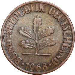 Bronze 1 Pfennig of Germany (AD 1968) with Oak Sapling