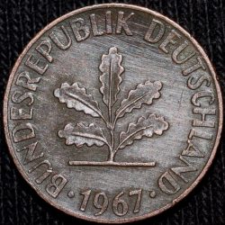 Bronze 1 Pfennig of Germany (AD 1967) with Oak Sapling