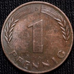 Alternative view of Bronze 1 Pfennig of Germany (AD 1967) with Oak Sapling