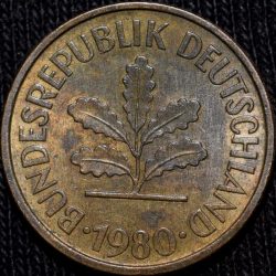 Brass 5 Pfennig of Germany (AD 1980) with Oak Sapling
