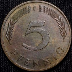 Alternative view of Brass 5 Pfennig of Germany (AD 1980) with Oak Sapling