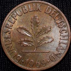 Bronze 2 Pfennig of Germany (AD 1969) with Oak Sapling