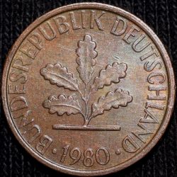 Bronze 1 Pfennig of Germany (AD 1980) with Oak Sapling