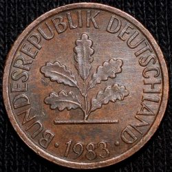 Bronze 1 Pfennig of Germany (AD 1983) with Oak Sapling