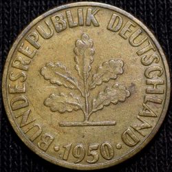 Brass 5 Pfennig of Germany (AD 1950) with Oak Sapling