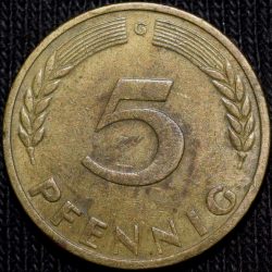 Alternative view of Brass 5 Pfennig of Germany (AD 1950) with Oak Sapling