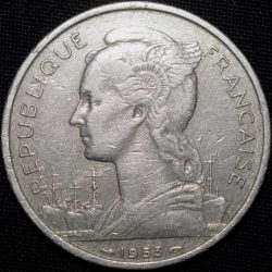 Alternative view of Aluminium 5 Francs of Madagascar - French Union Issue (AD 1953) with three conjoined Zebu heads