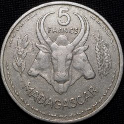 Aluminium 5 Francs of Madagascar - French Union Issue (AD 1953) with three conjoined Zebu heads