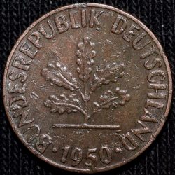 Bronze 1 Pfennig of Germany (AD 1950) with Oak Sapling