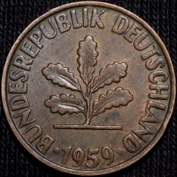 Bronze 2 Pfennig of Germany (AD 1959) with Oak Sapling