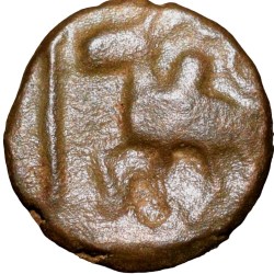 Copper Coin of City-State 'Kausambhi' (2nd Cen. BC) with Ujjaini Symbol above Bull Walking left & Triangular Headed infront