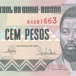 100 Pesos of Guinea-Bissau Country (AD 1990) with National Bank building in Bissau at center