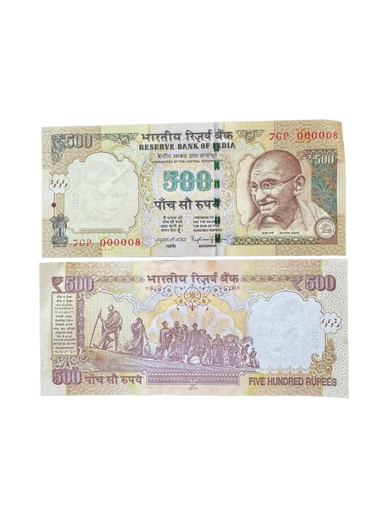 Rs 500/- L0w serial India Banknote Gem Unc 000008 Latest Issue Unique and Rare