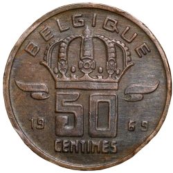 Alternative view of Bronze 50 Centimes of Belgium Country (AD 1969) with A Miner