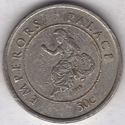 Alternative view of SOUTH AFRICA, EMPERORS PALACE, 50 CENTS, CASINO TOKEN, CIRCULATED CONDITION.