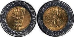 San Marino, 500 Lire, 1995, 50th Anniversary of F.A.O., Bimetal, KM #330, Circulated Condition.