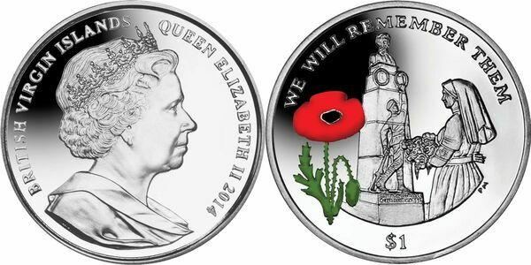 British Virgin Islands (British Overseas Territories), 1 Dollar, 2014, Centenary of World War I - Nurse Edith Cavell, KM #464.2, Coloured, UNC Condition.